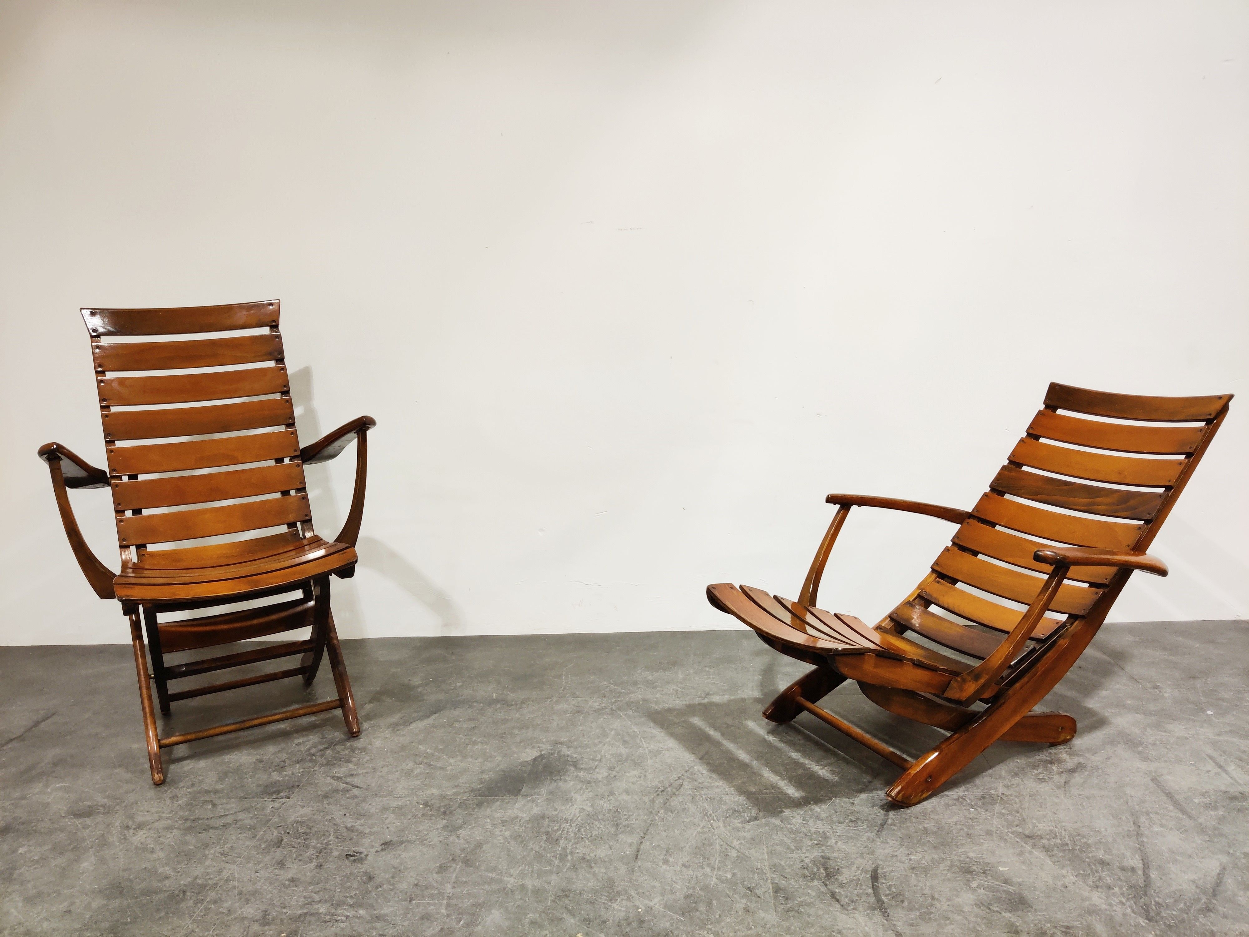 Pair of wooden folding garden chairs with table, 1950s