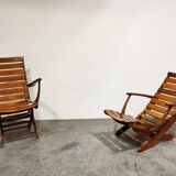 Pair of wooden folding garden chairs with table, 1950s
