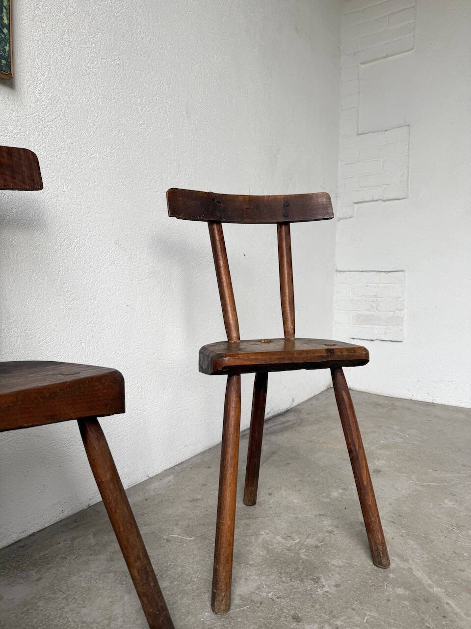 Pair of Savoyard tripod chairs, folk art, oak.