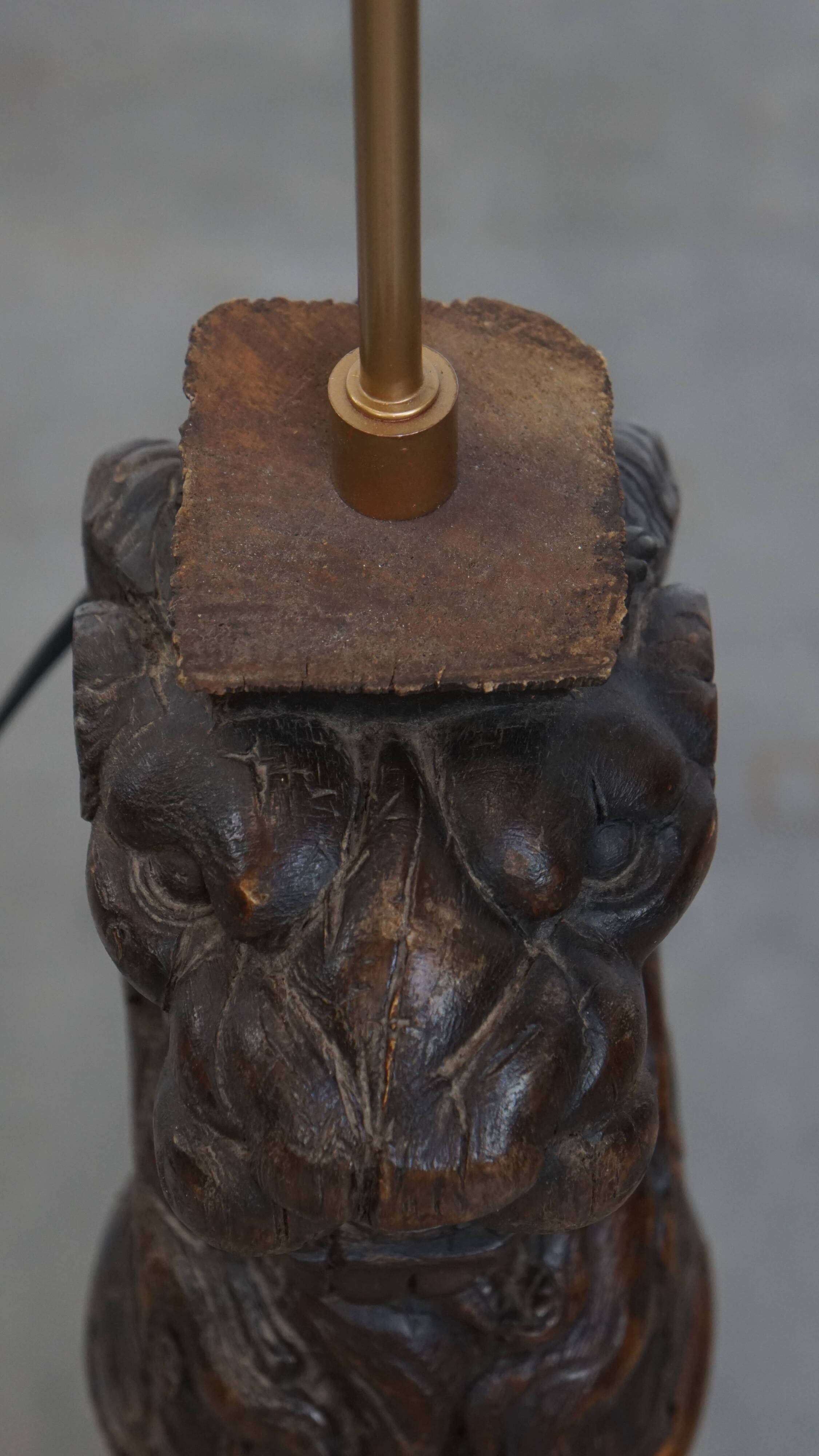 Hand-Carved Antique Wooden Floor Lamp with Lion Head