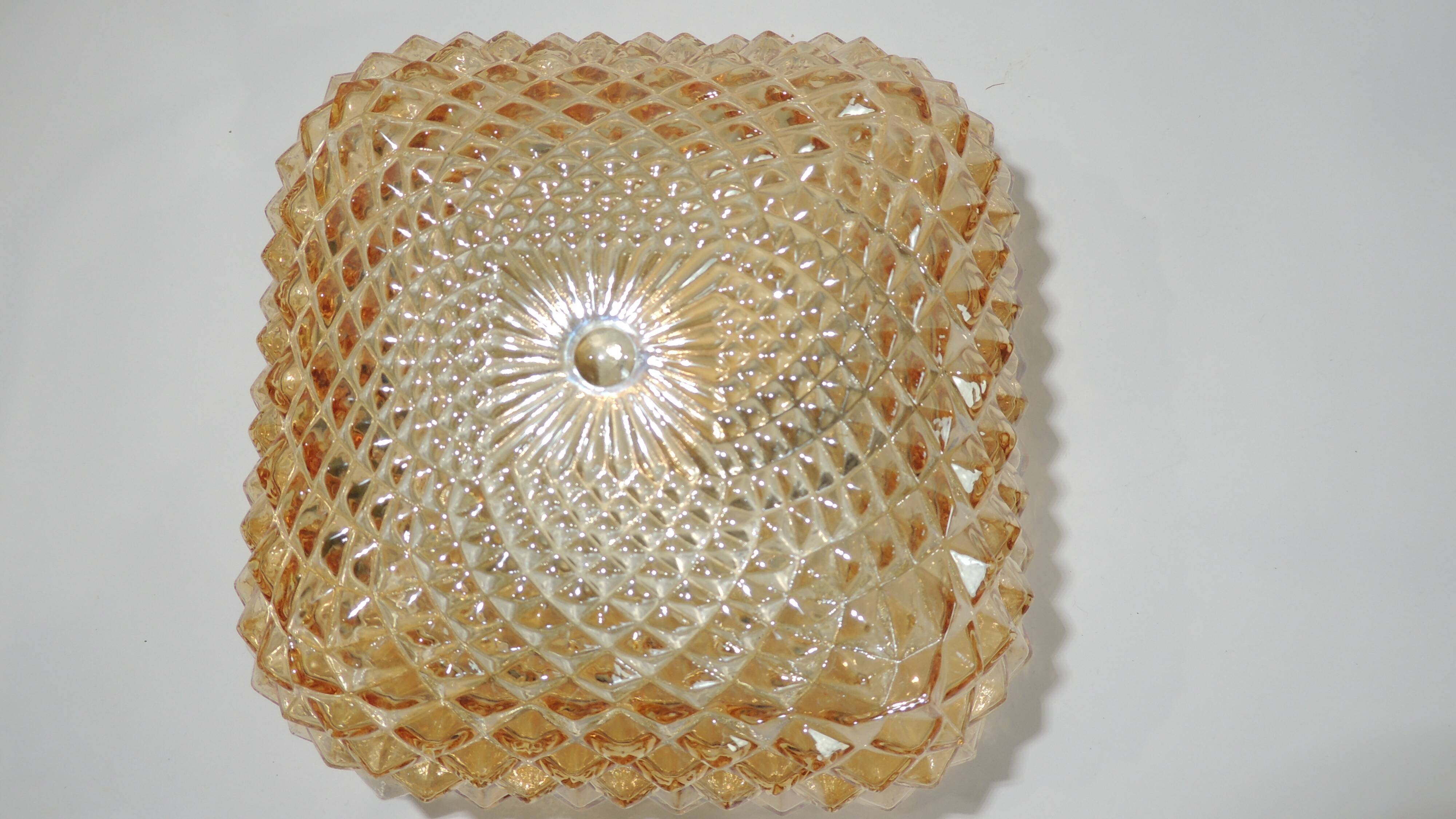 Vintage cast amber glass ceiling lamp spiked pattern for retro furniture from the 50s-60s