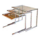 Trio de tables gigognes en chrome et verre fumé, design, 1970