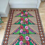 Brown wool rug with colorful boho flowers 142x196cm
