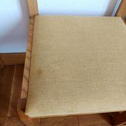 Six Scandinavian style chairs in elm and fabric.