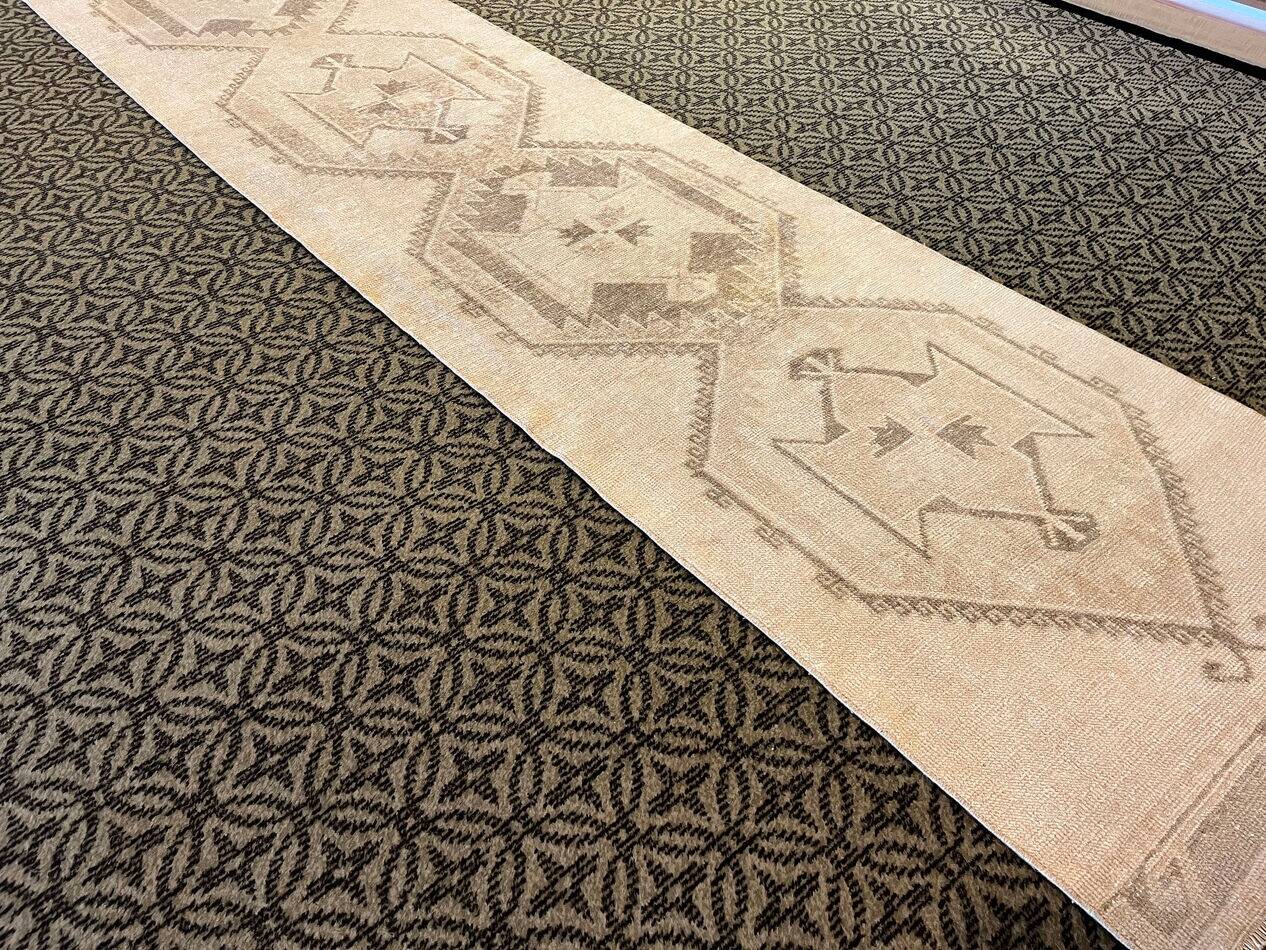 Vintage Handmade Muted Beige and Brown Long Hallway Runner