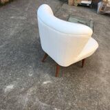 Pair of white club armchairs in beech and fabric, Mid-Century Hungarian style 1950s.
