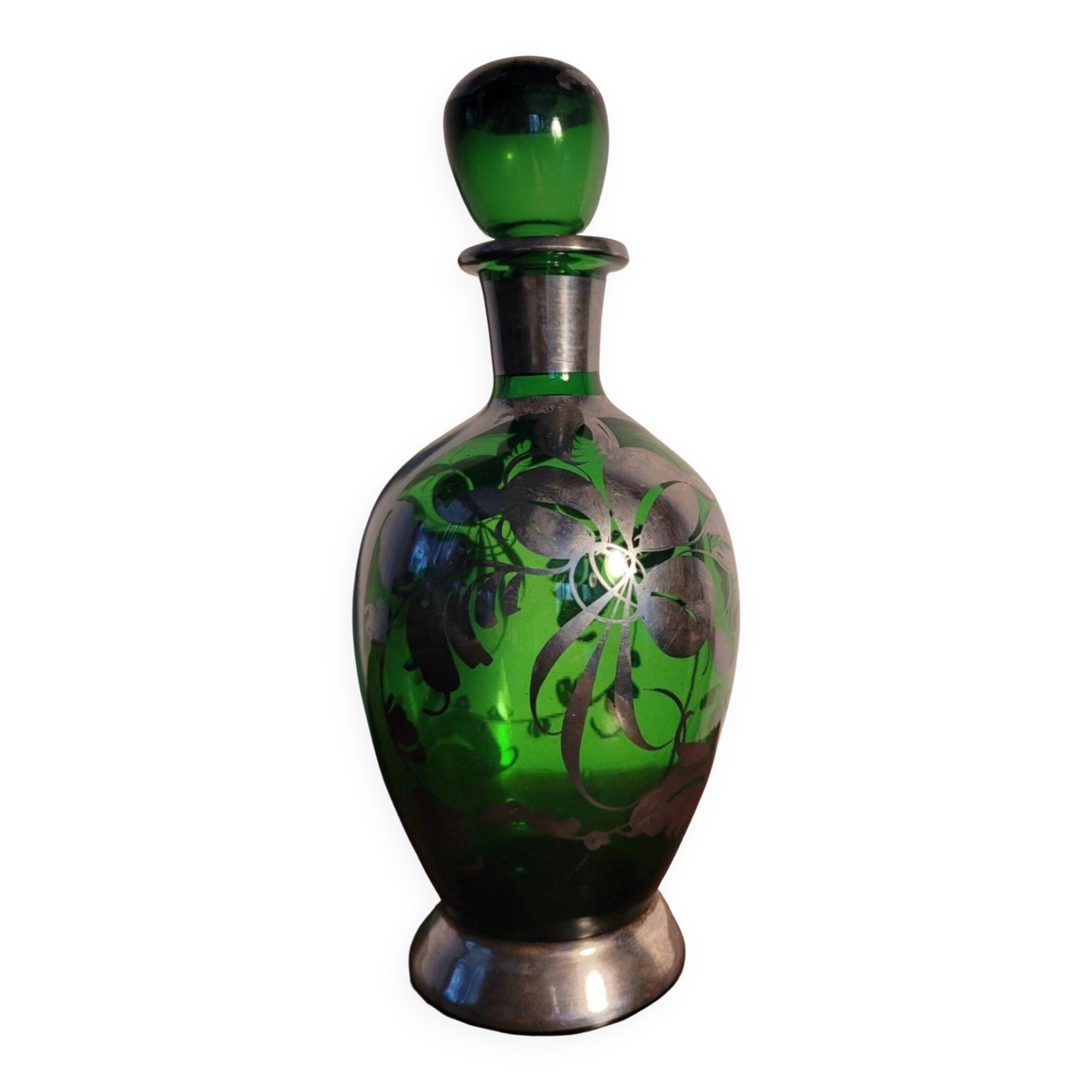 Murano glass alcohol bottle green & silver 1930s - 1940s.