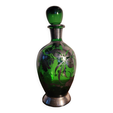 Flacon à alcool Murano en verre vert & argent 1930-1940