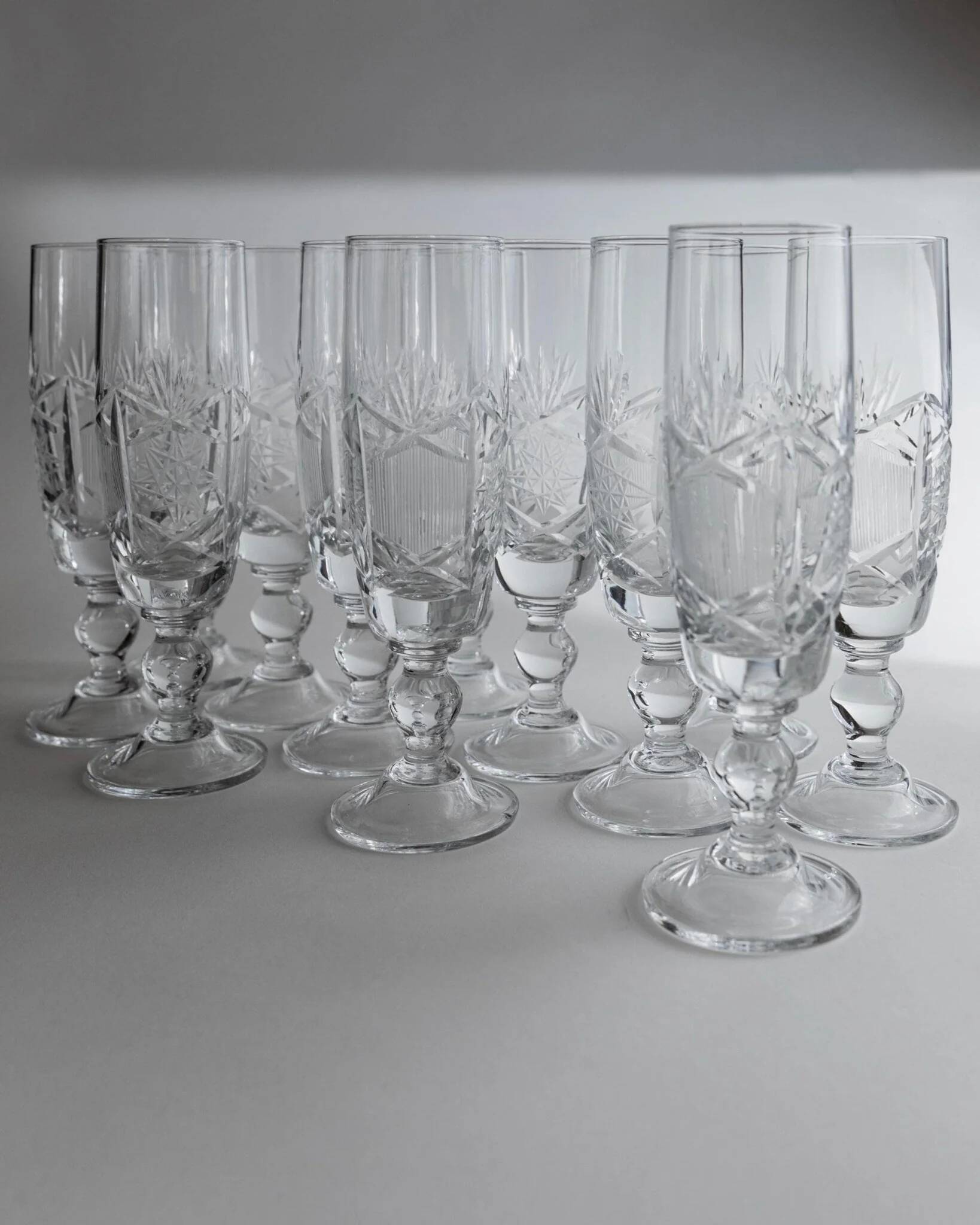 Transparent Crystal Champagne Glasses - Set of 12, Vintage Italian Glassware (1970s)