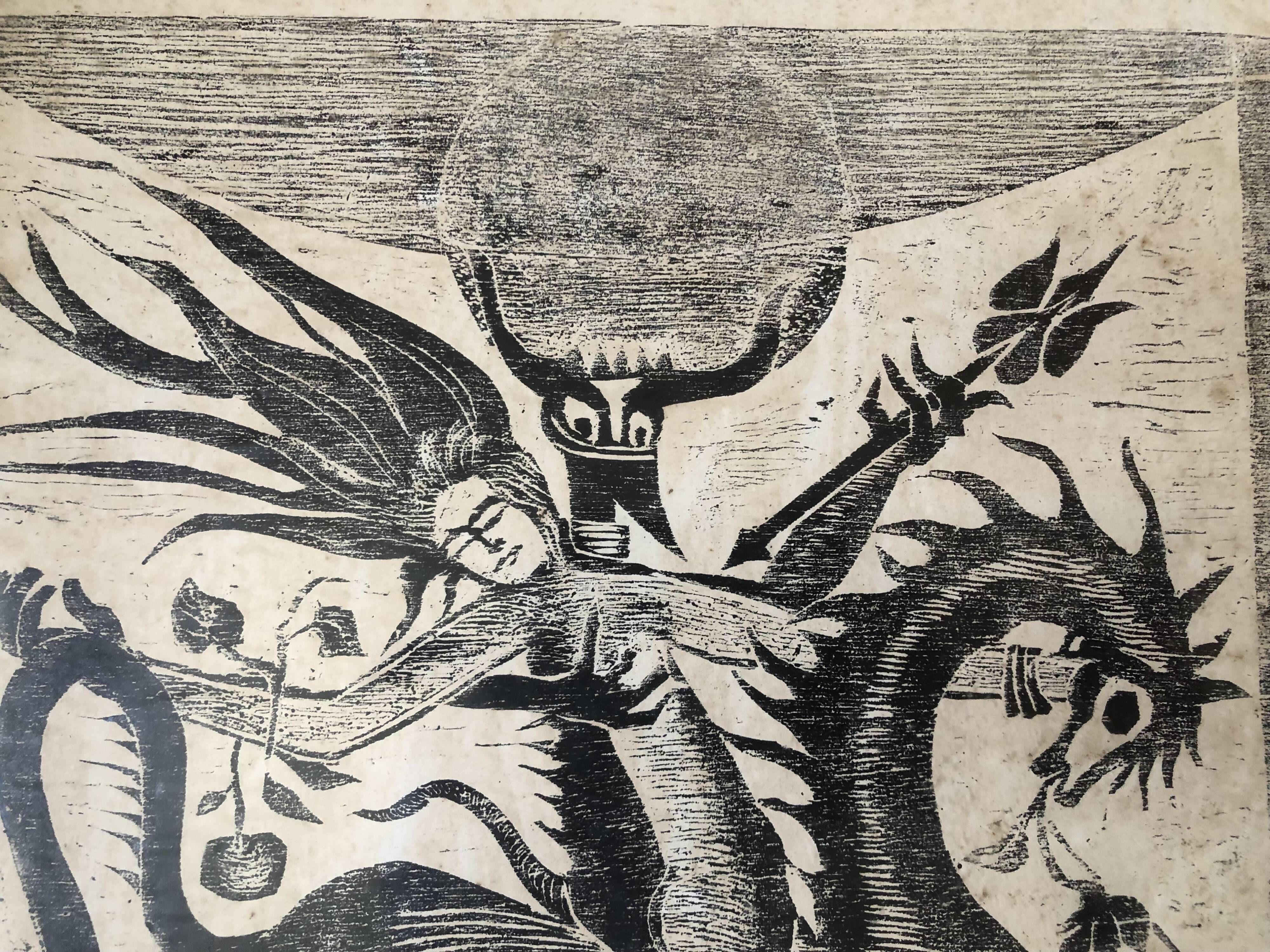 Black lithograph demon on horse carrying a young woman (eve) signed 3ki, surrealism glass frame