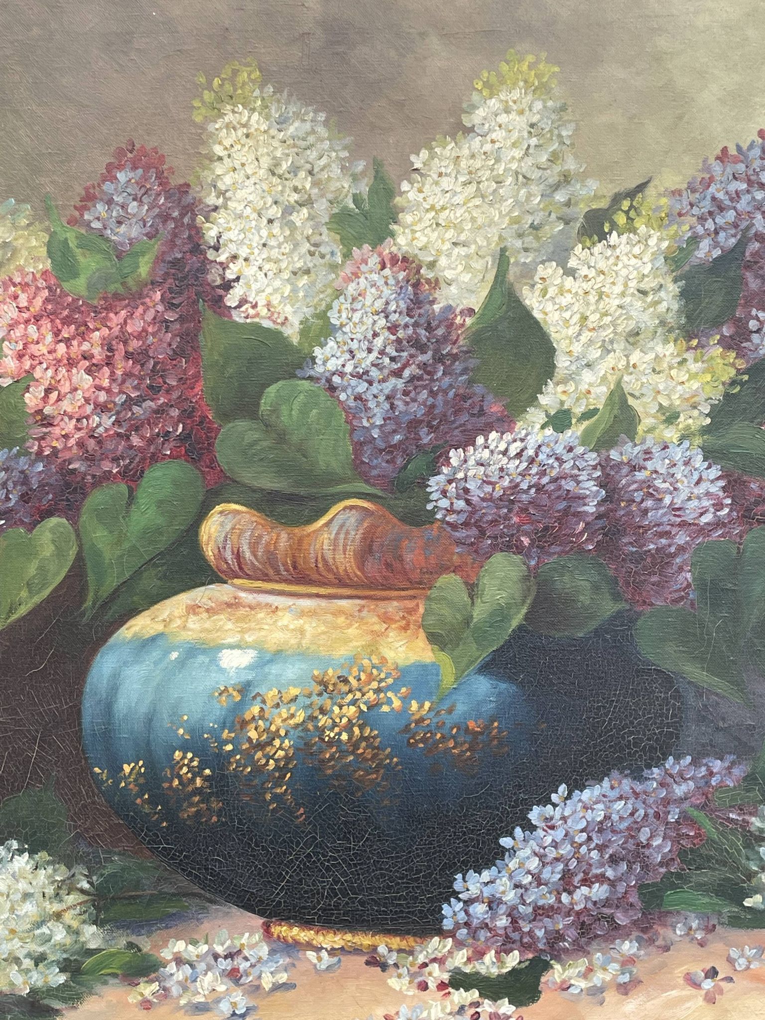 Large oil on canvas bouquet of lilacs signed by a. struciński poland, mid-20th century