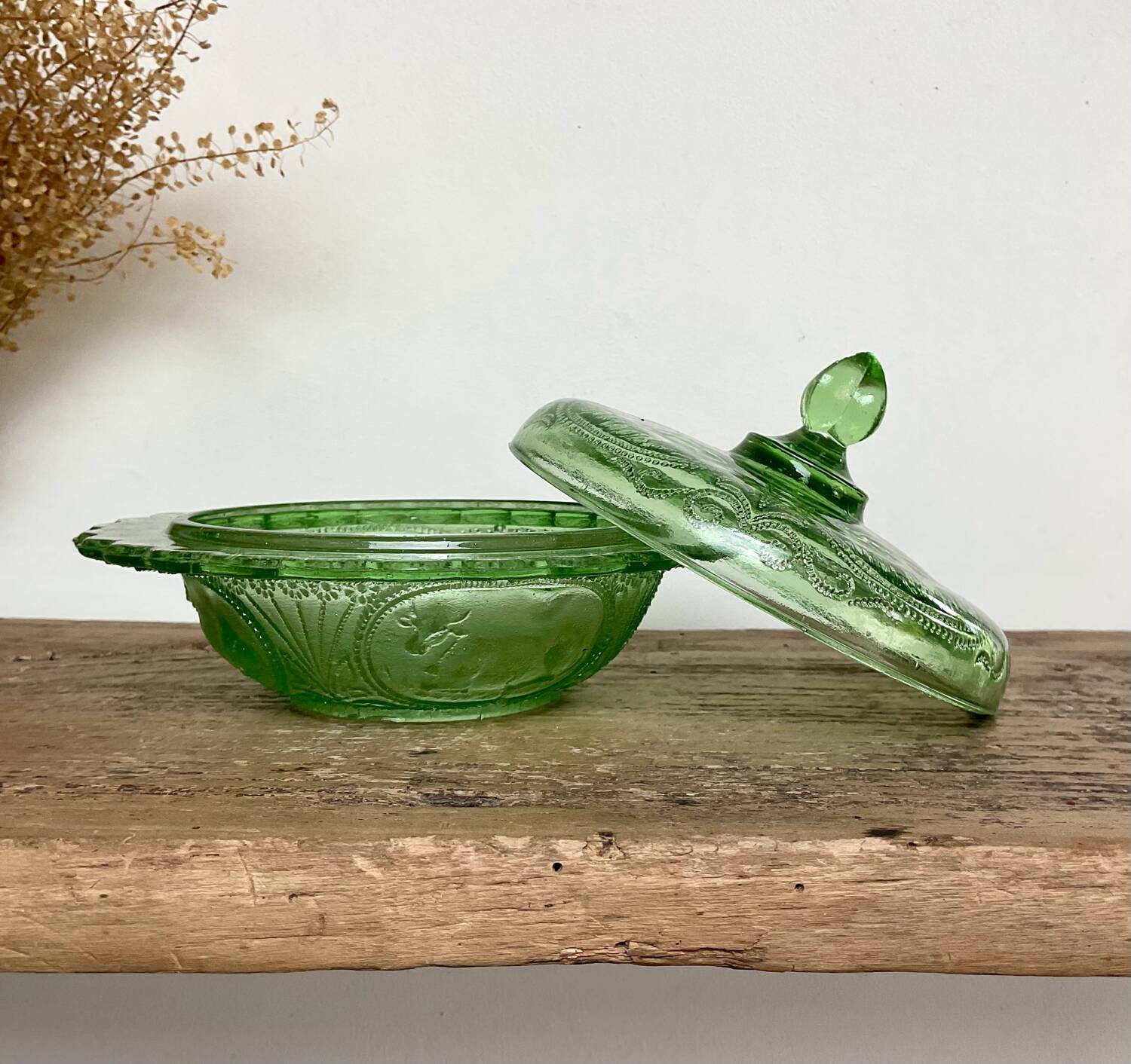 Green glass butter dish