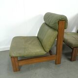 Green leather and oak wood armchair