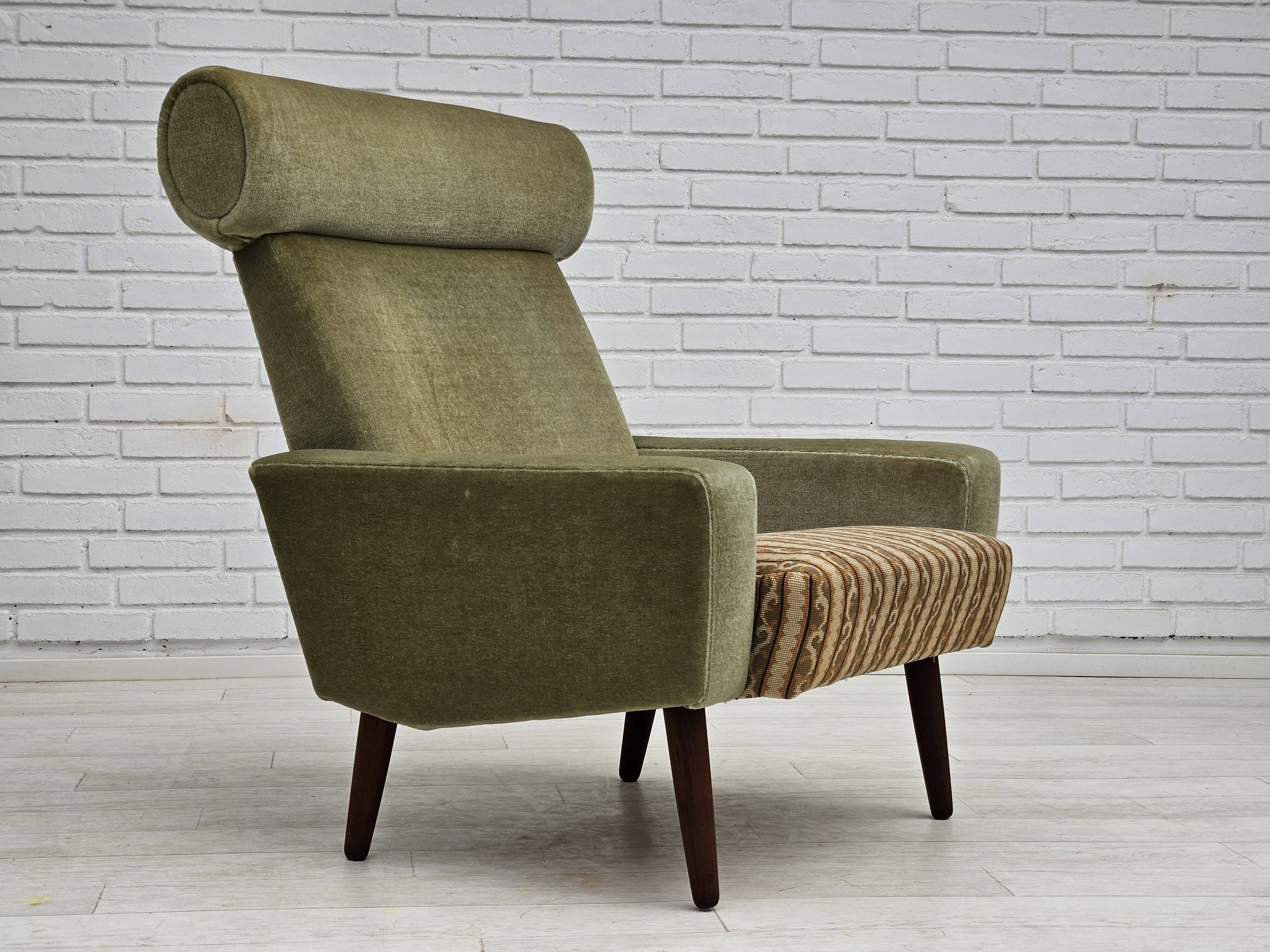 1970s, Danish armchair, original condition, furniture velour, woven wool fabric, teakwood.