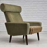 1970s, Danish armchair, original condition, furniture velour, woven wool fabric, teakwood.