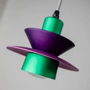 Vintage ceiling suspension in aluminium - 1980s, postmodern Memphis style - purple and green, striped cable, zigzag.