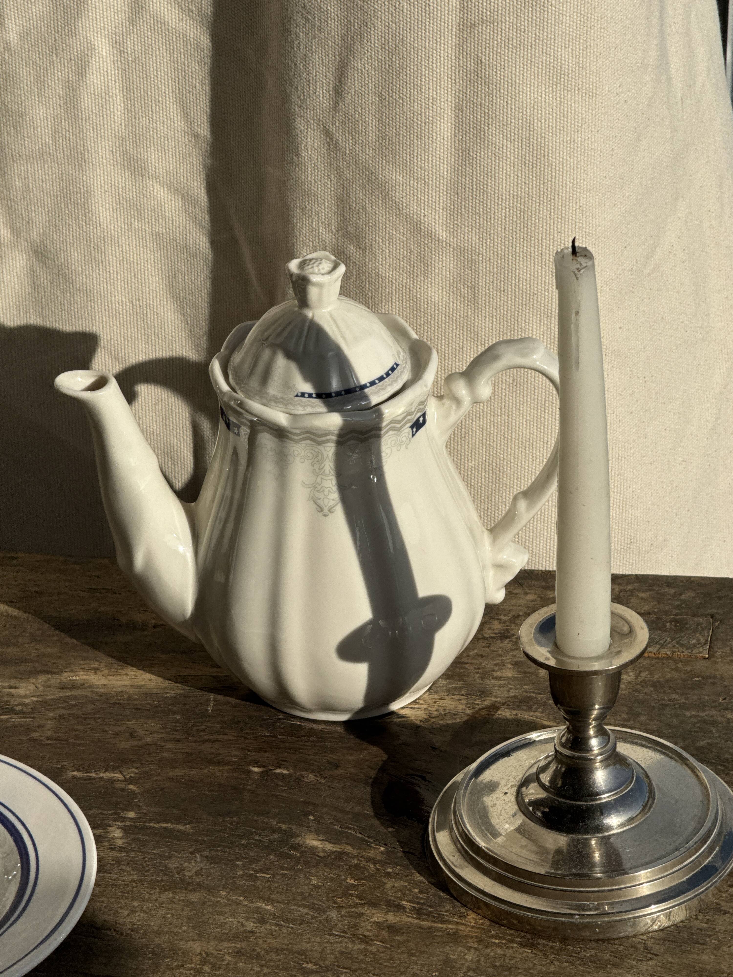 White earthenware teapot with blue and silver trim H22.5