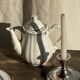 White earthenware teapot with blue and silver trim H22.5