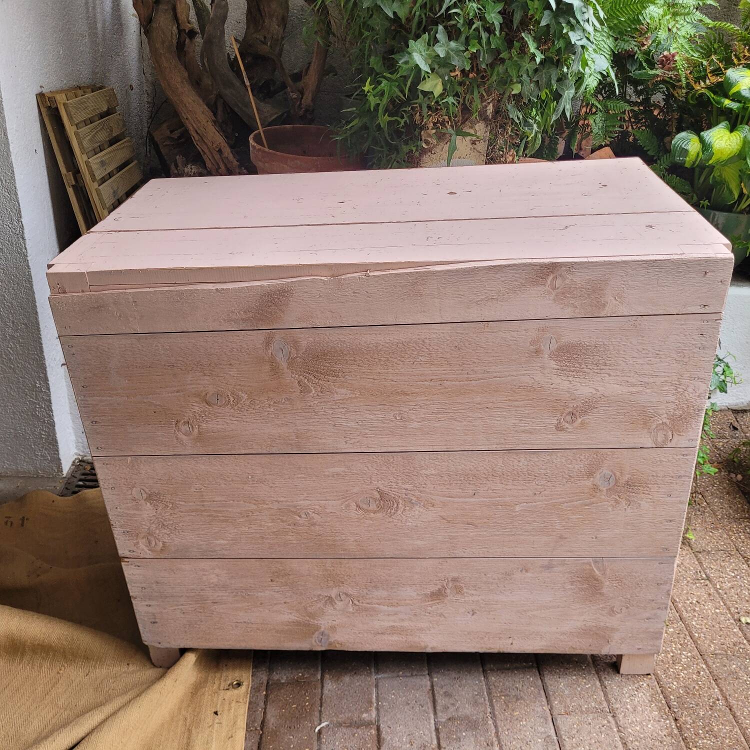 Antique low sideboard with powder pink patina – waxed solid wood