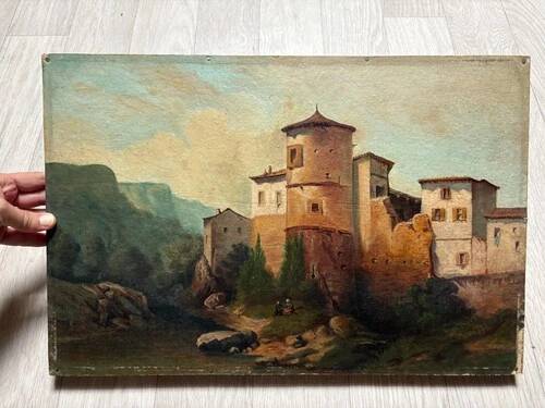 Landscape of a fortified village hamlet from the 19th century - Original antique oil painting.