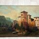 Landscape of a fortified village hamlet from the 19th century - Original antique oil painting.