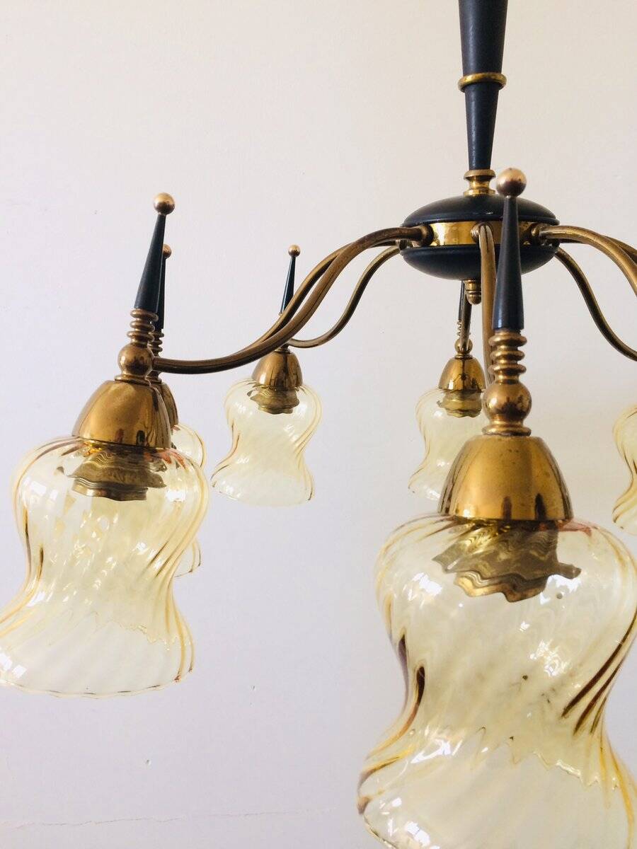 Atomic Age Design Brass and Glass Chandelier, 1950s