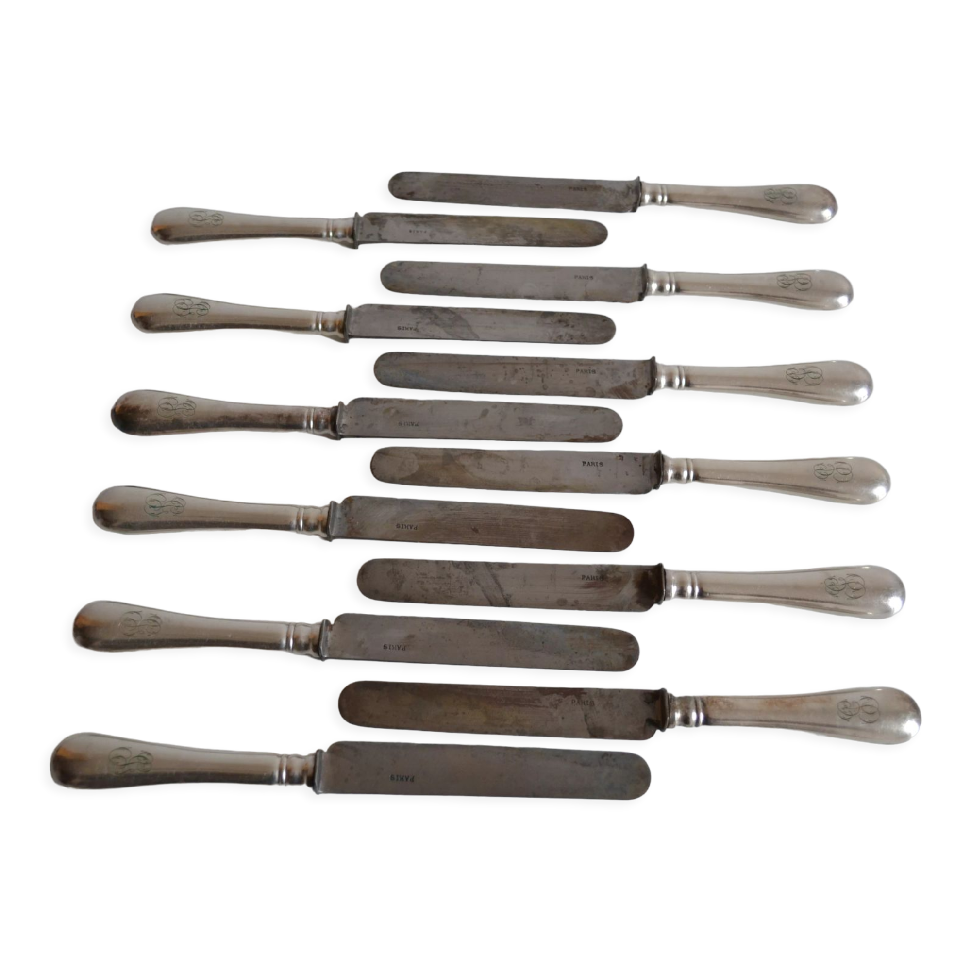 12 antique metal silver monogram table knives