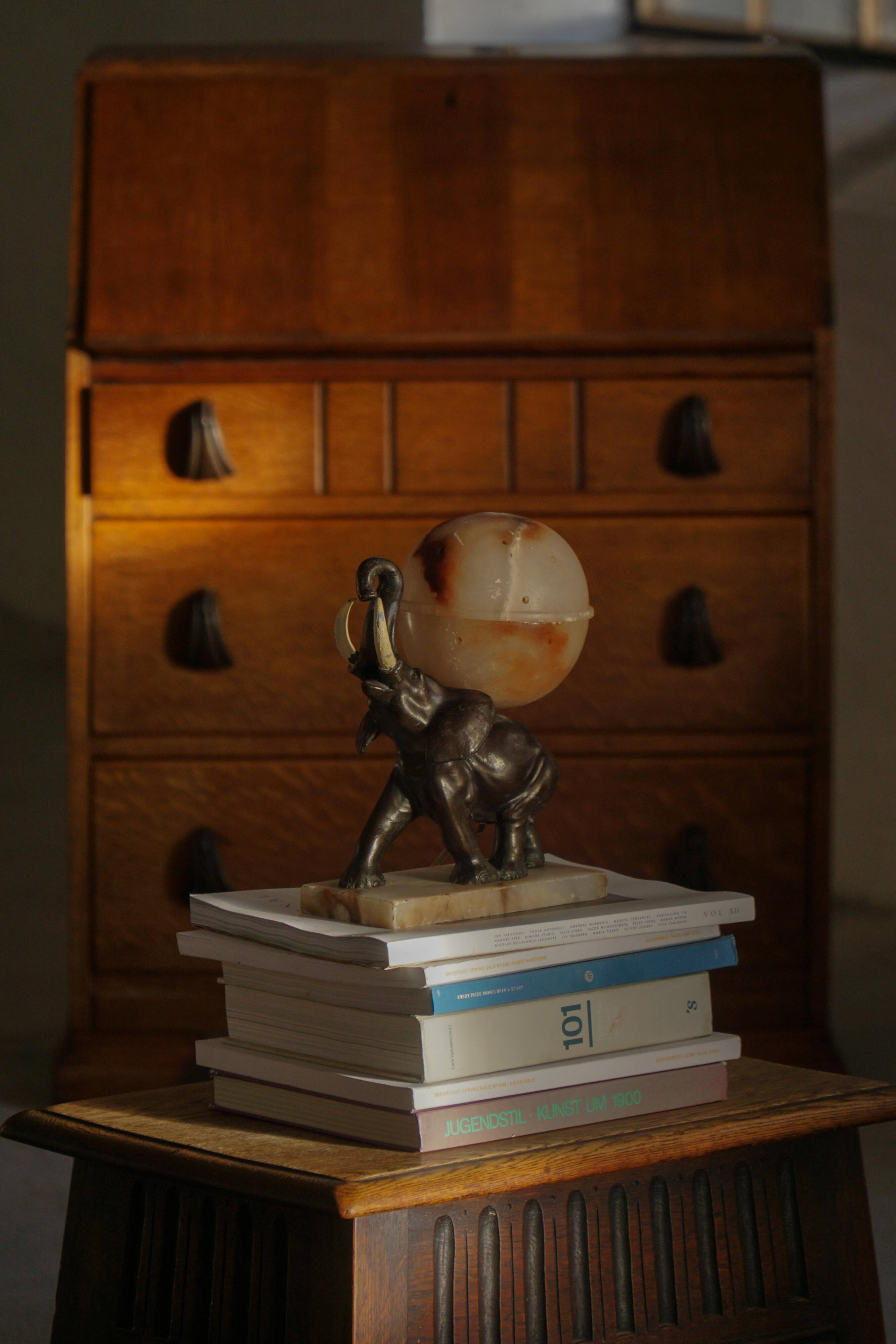 Art Deco Table Lamp, Elephant with Alabaster Globe, Early 20th Century, 1930s