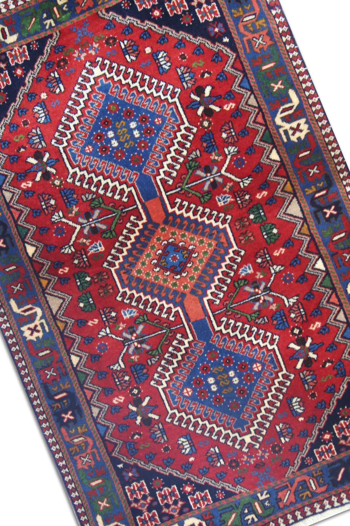 Traditional oriental wool carpet hand made red blue area rug- 83x127cm
