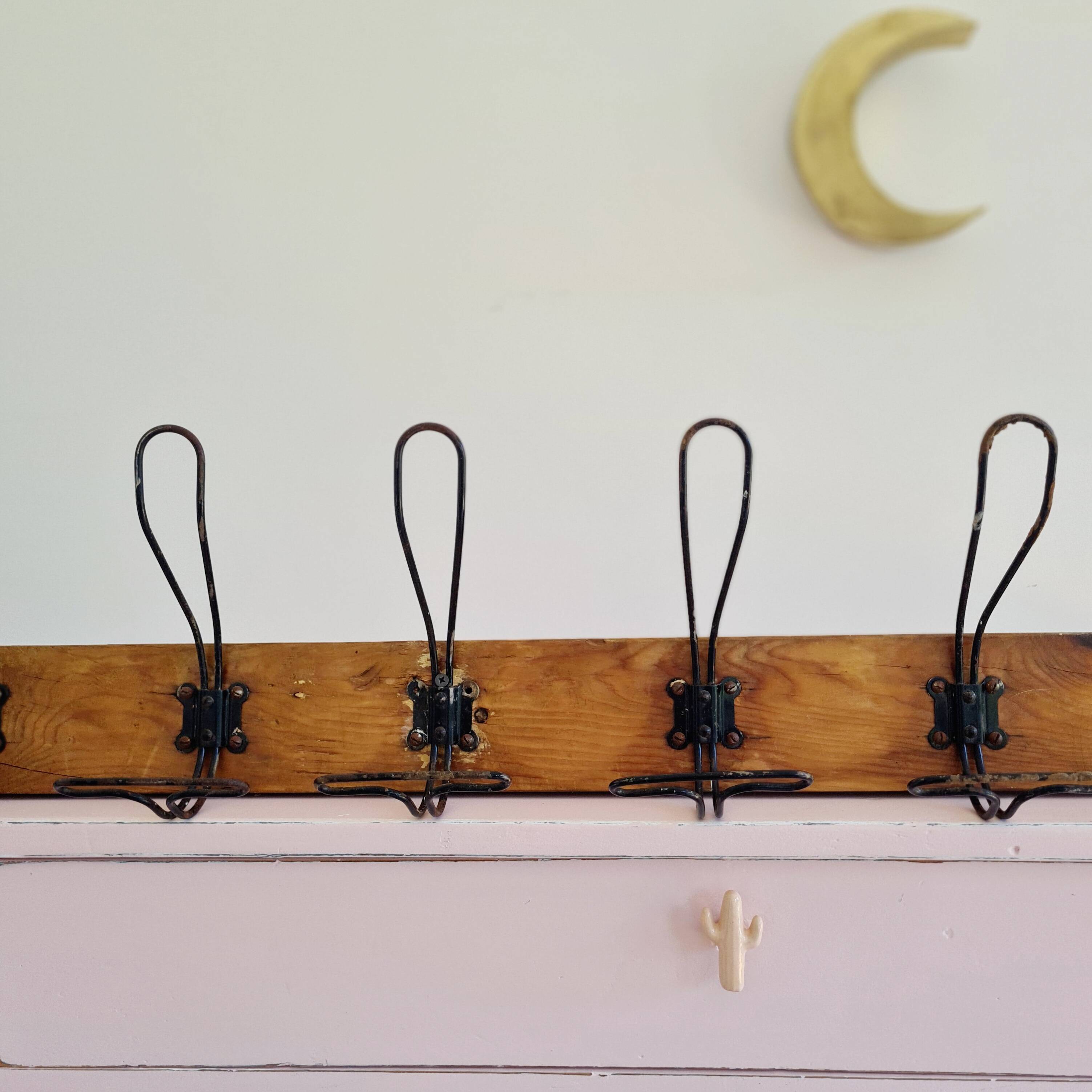 Antique wooden wall coat rack with metal hooks L200