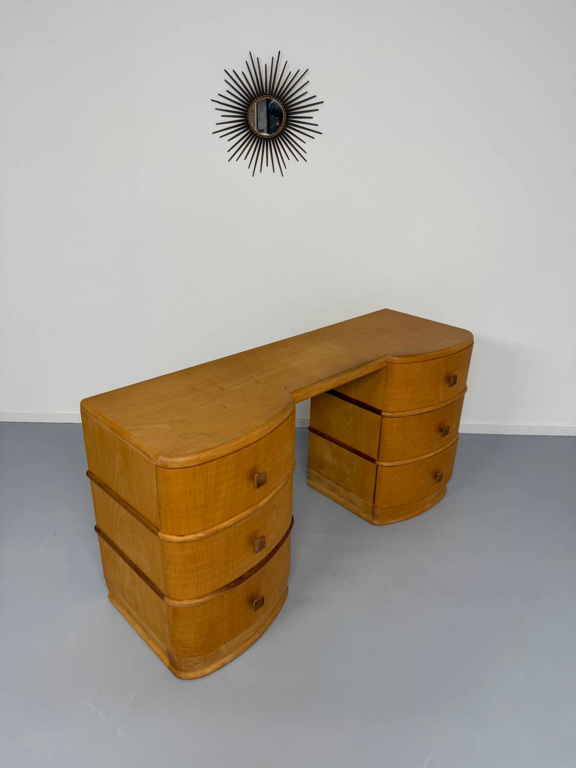 Old beech desk in art deco style with drawer, vintage 60s