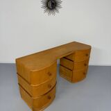 Old beech desk in art deco style with drawer, vintage 60s