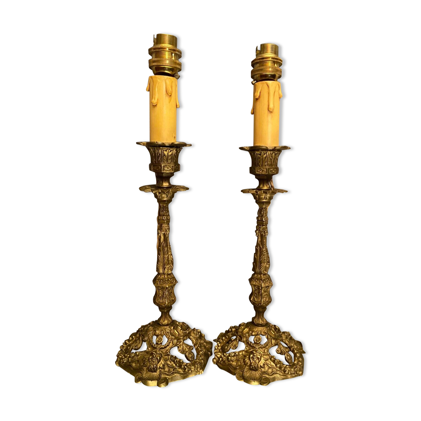 Pair of candlesticks mounted in late nineteenth century bronze lamp base Renaissance style