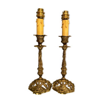 Pair of candlesticks mounted in late nineteenth century bronze lamp base Renaissance style