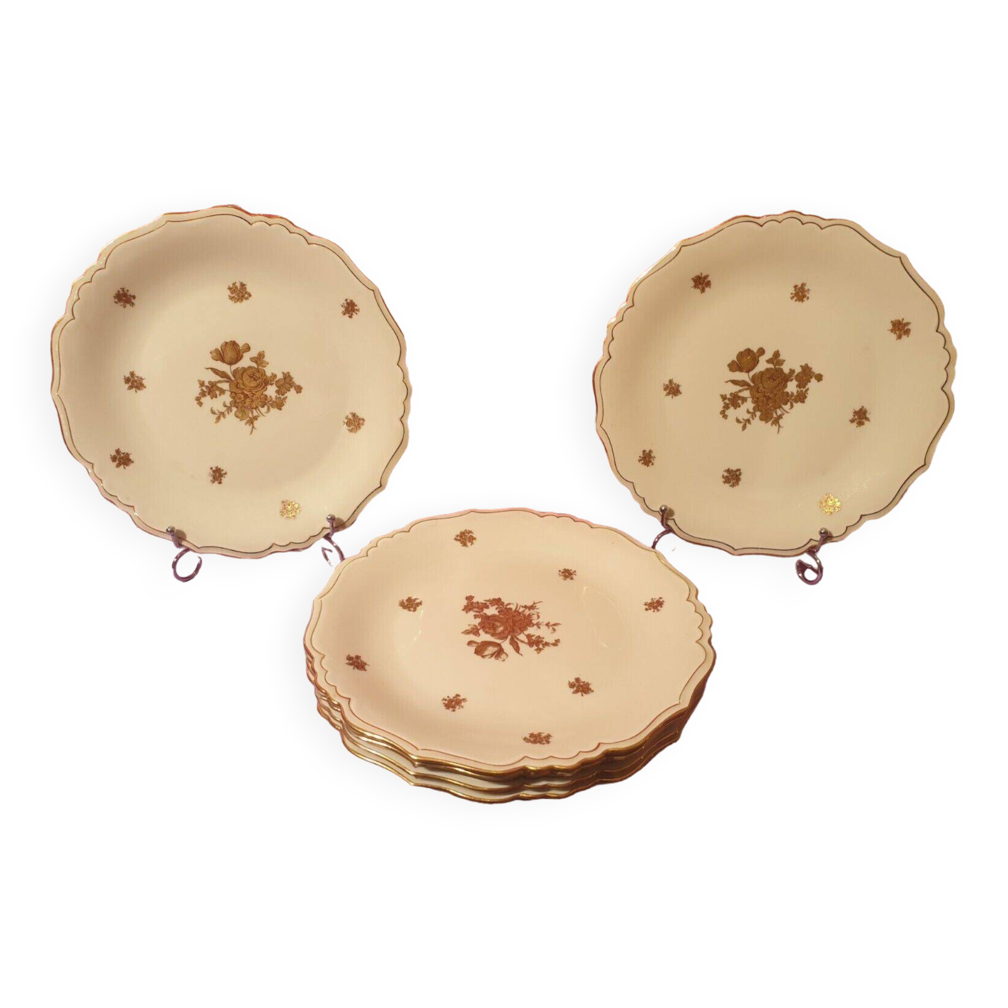 6 dinner plates pretty golden floral decoration Limoges Lucien Michelaud