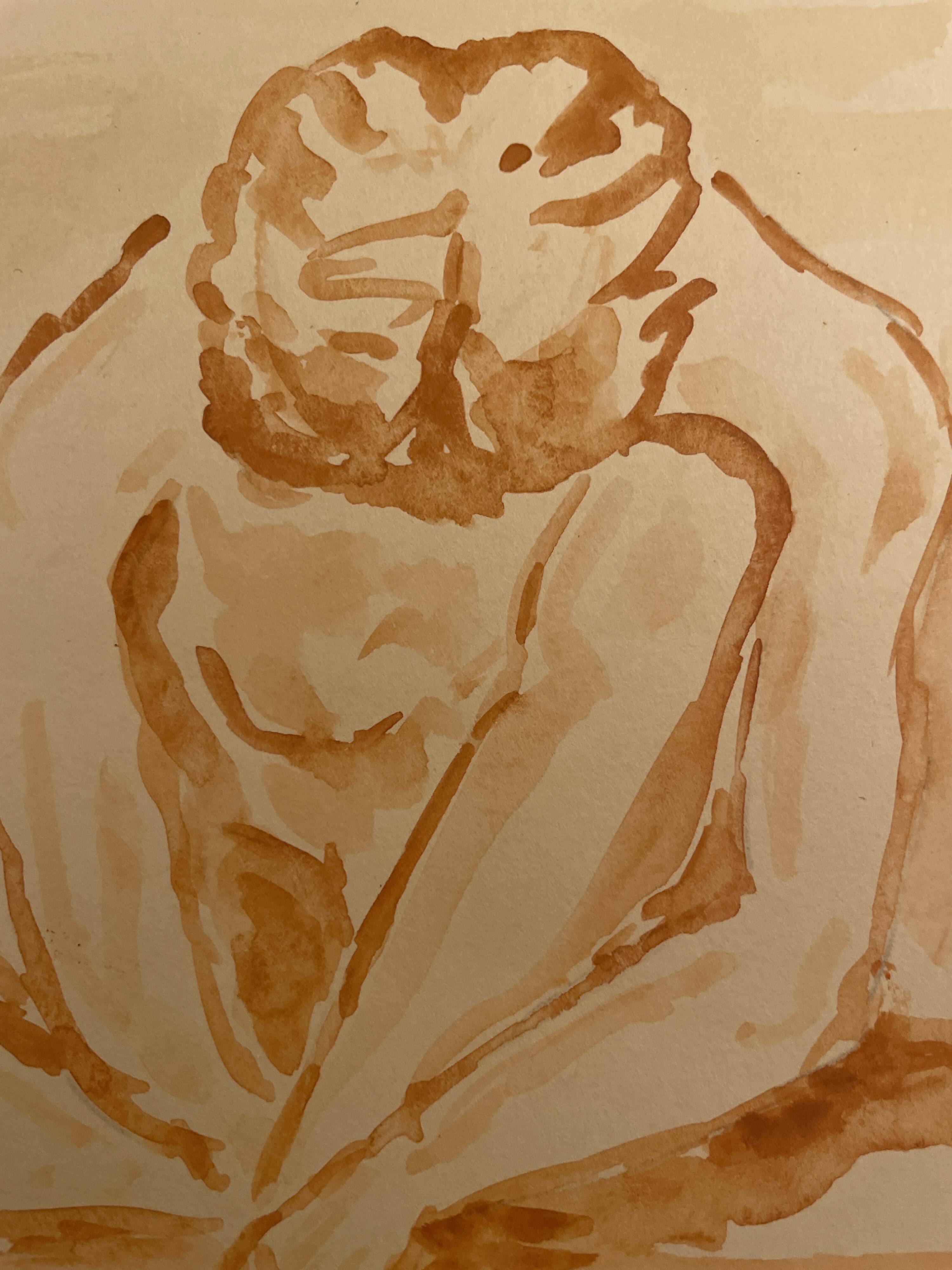 Signed painting monochrome watercolor female portrait "crouching study"