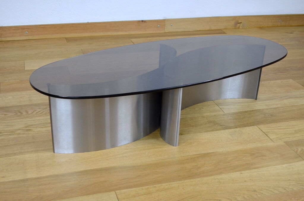 Vintage coffee table brushed steel and glass 1970