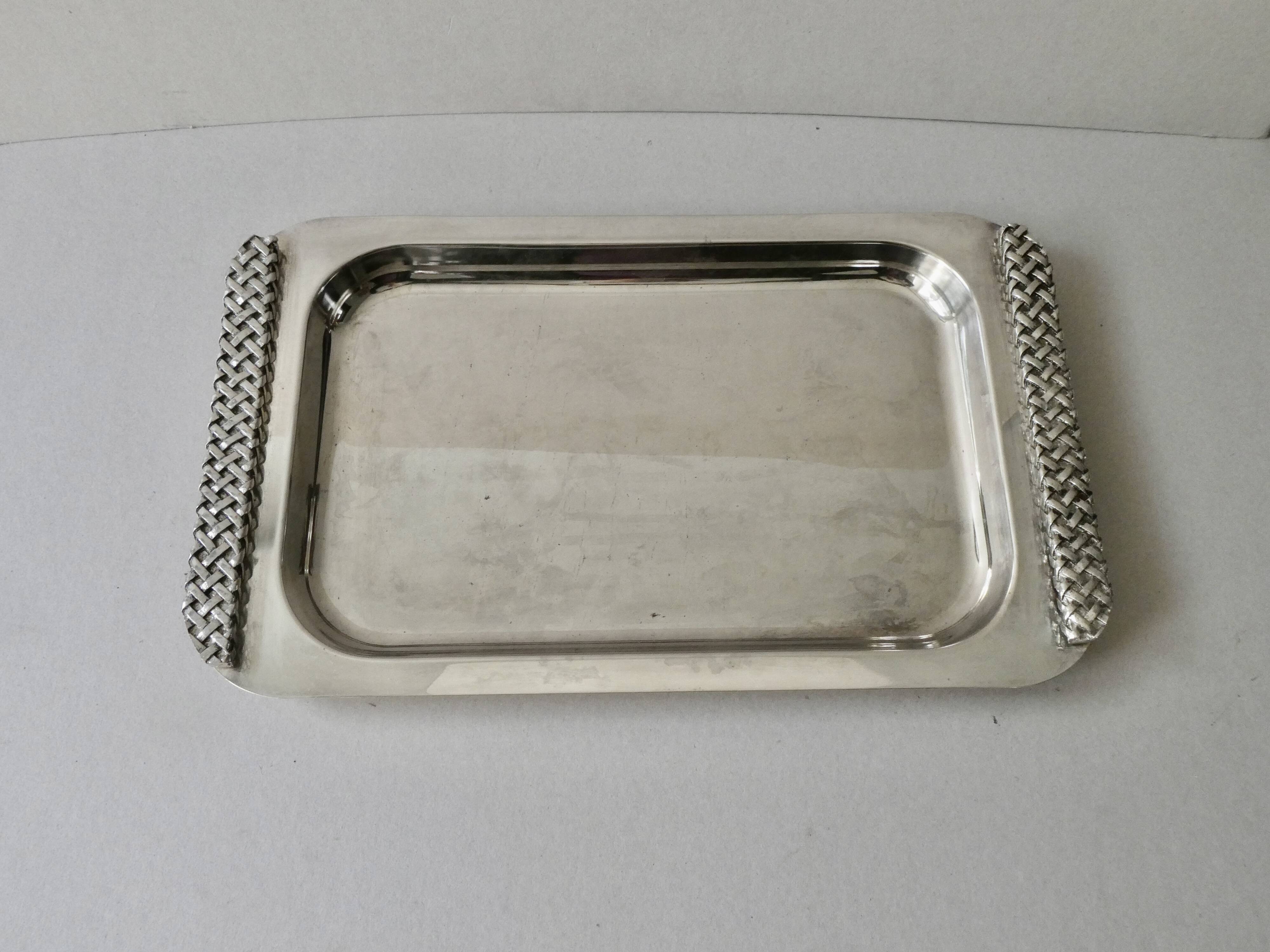 Silver metal tray with braided effect handles