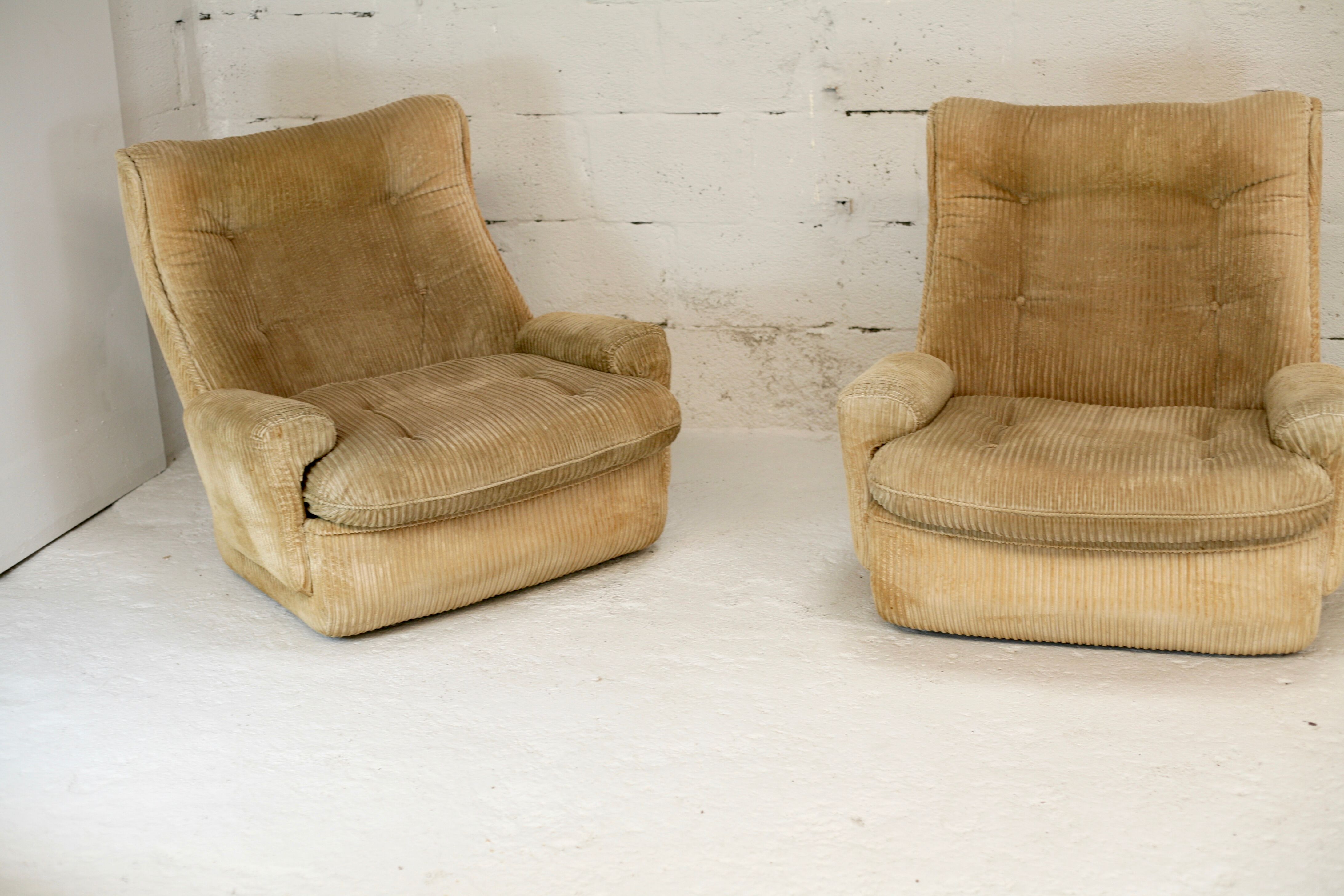 Pair of armchairs by michel cadestin, airborne edition, fiberglass and beige velvet, circa 1970