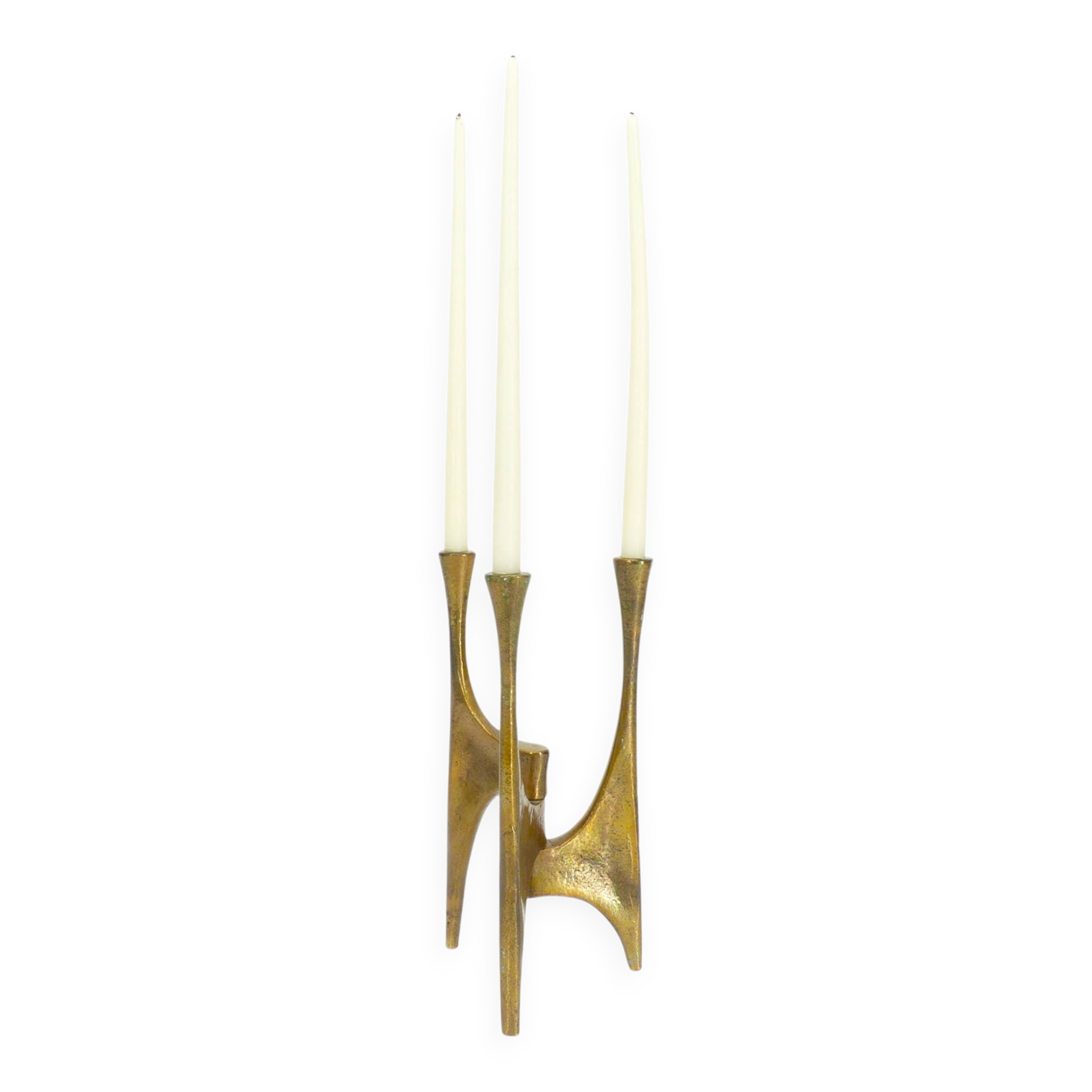 Brutalist tripod chandelier in bronze, Michael Harjes, Germany, 1960.