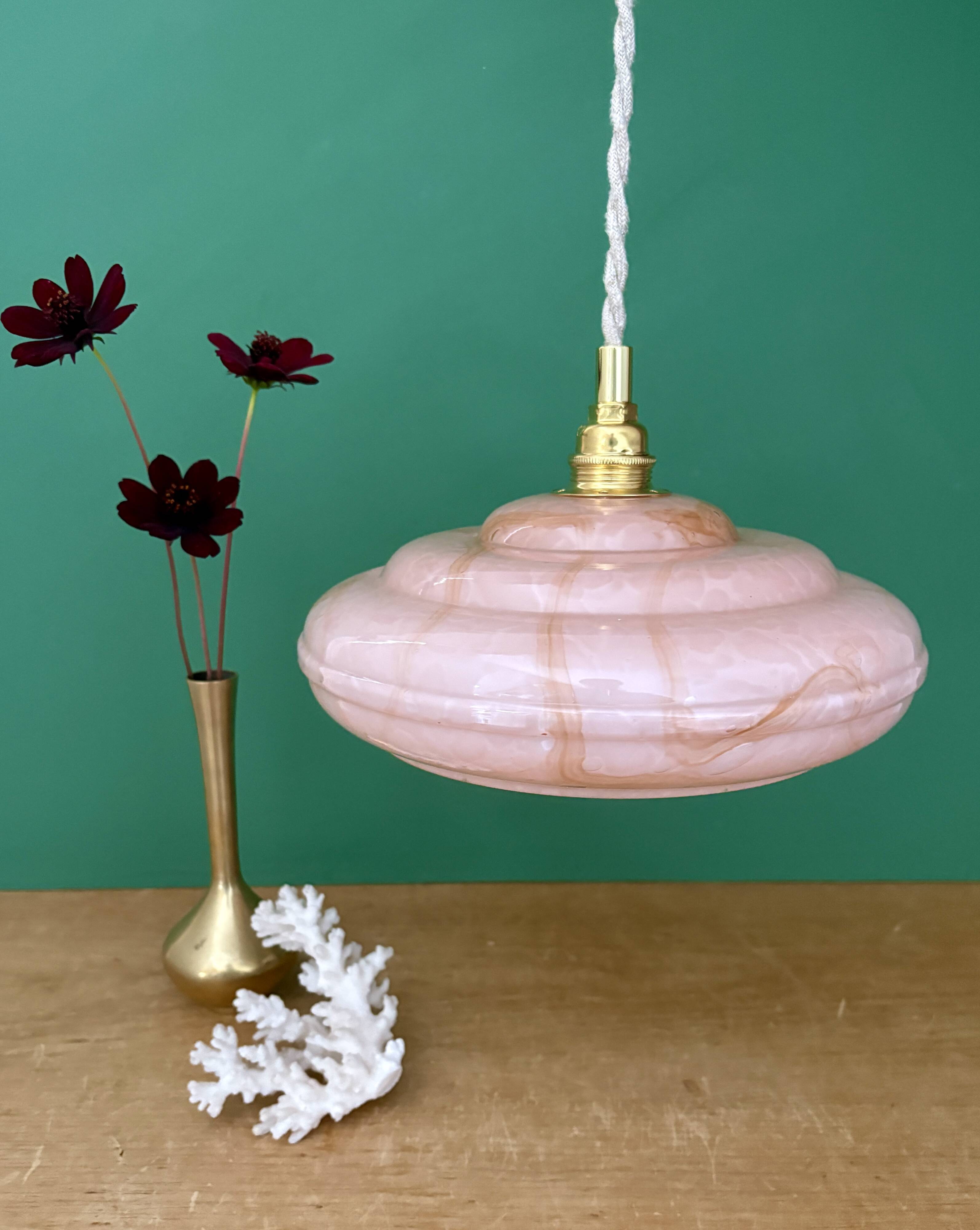 Vintage pink Clichy glass pendant lampshade with marbled effect