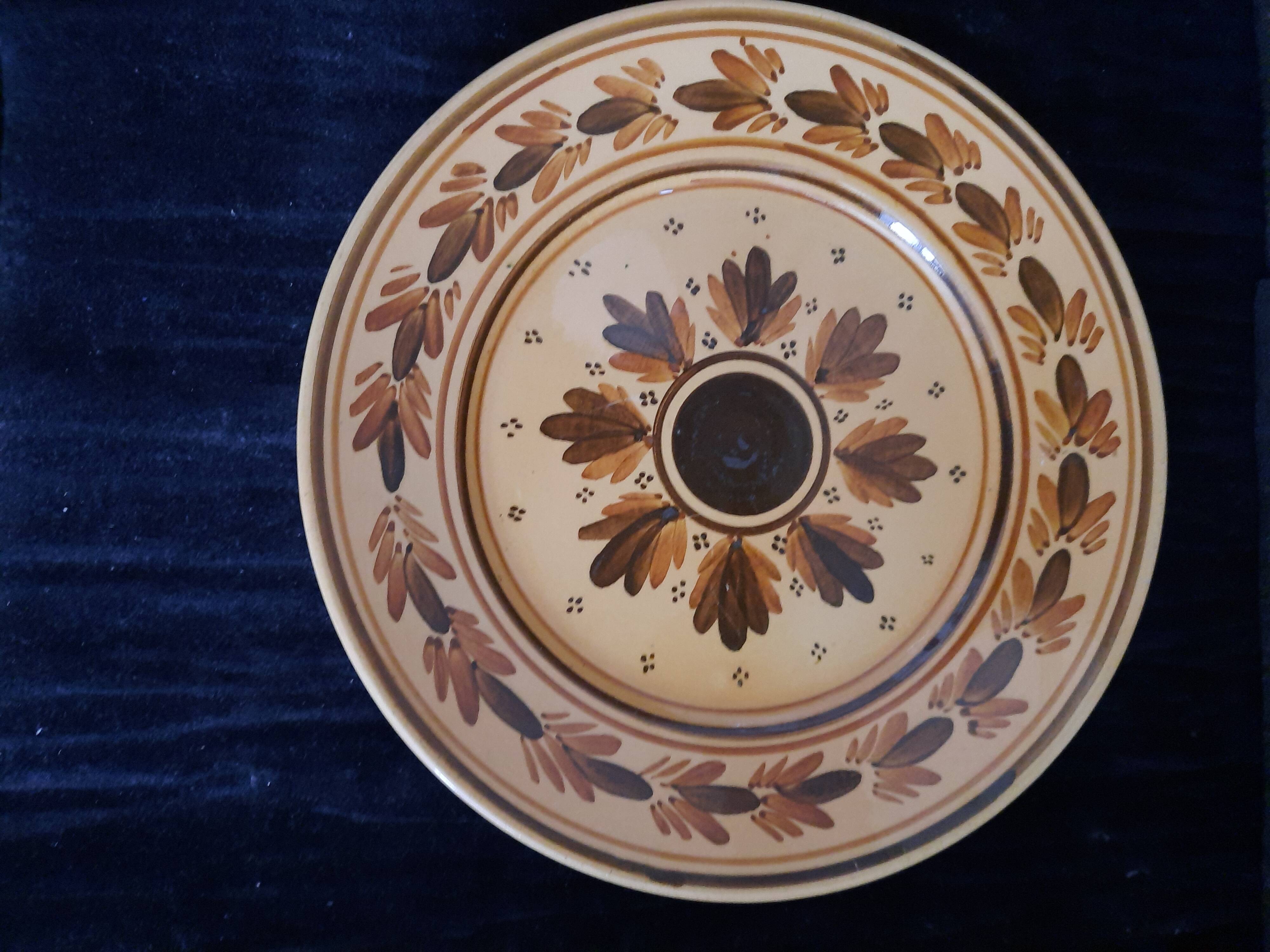 Old HB Quimper Plate Ceramic Geometric Floral Design Brown Yellow