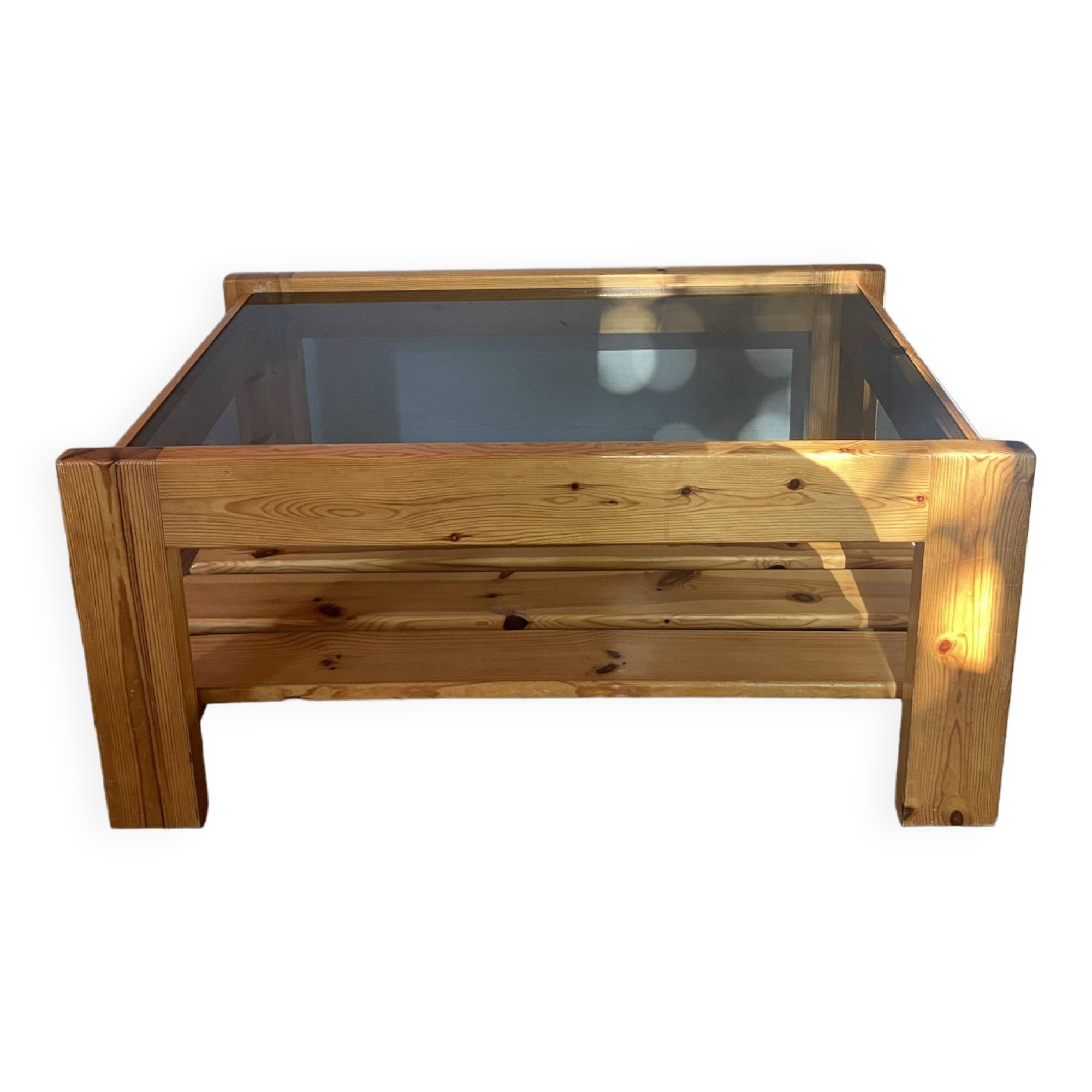 Vintage coffee table in pine and smoked glass