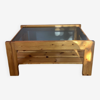 Vintage coffee table in pine and smoked glass