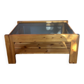Table basse vintage en pin et verre fumé