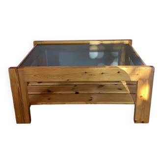 Table basse vintage en pin et verre fumé