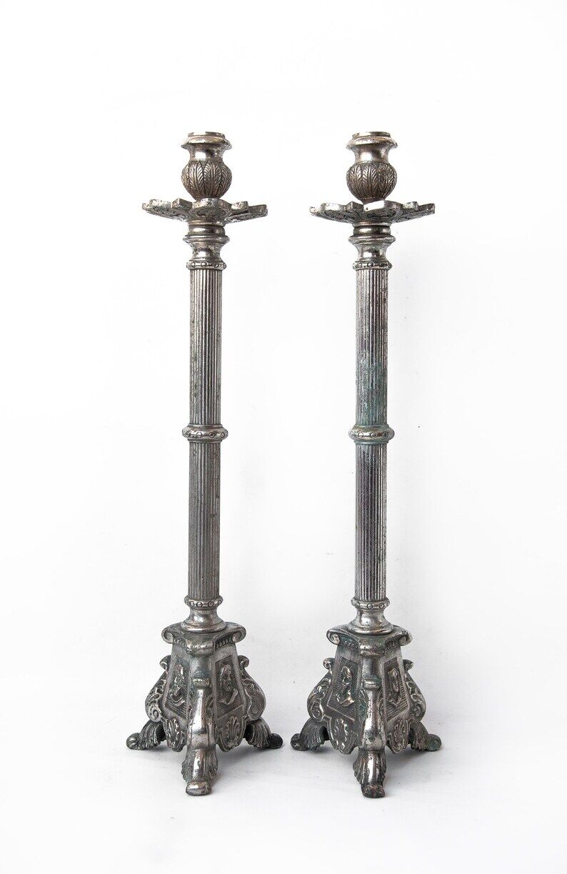 Pair of candle holders, vintage candle holder, silver brass candle holder, church, candle holder, tripod, chandelier