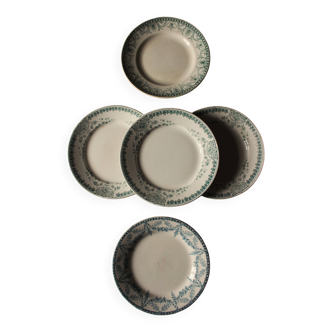 A set of 5 mismatched green blue Terre de fer flat plates