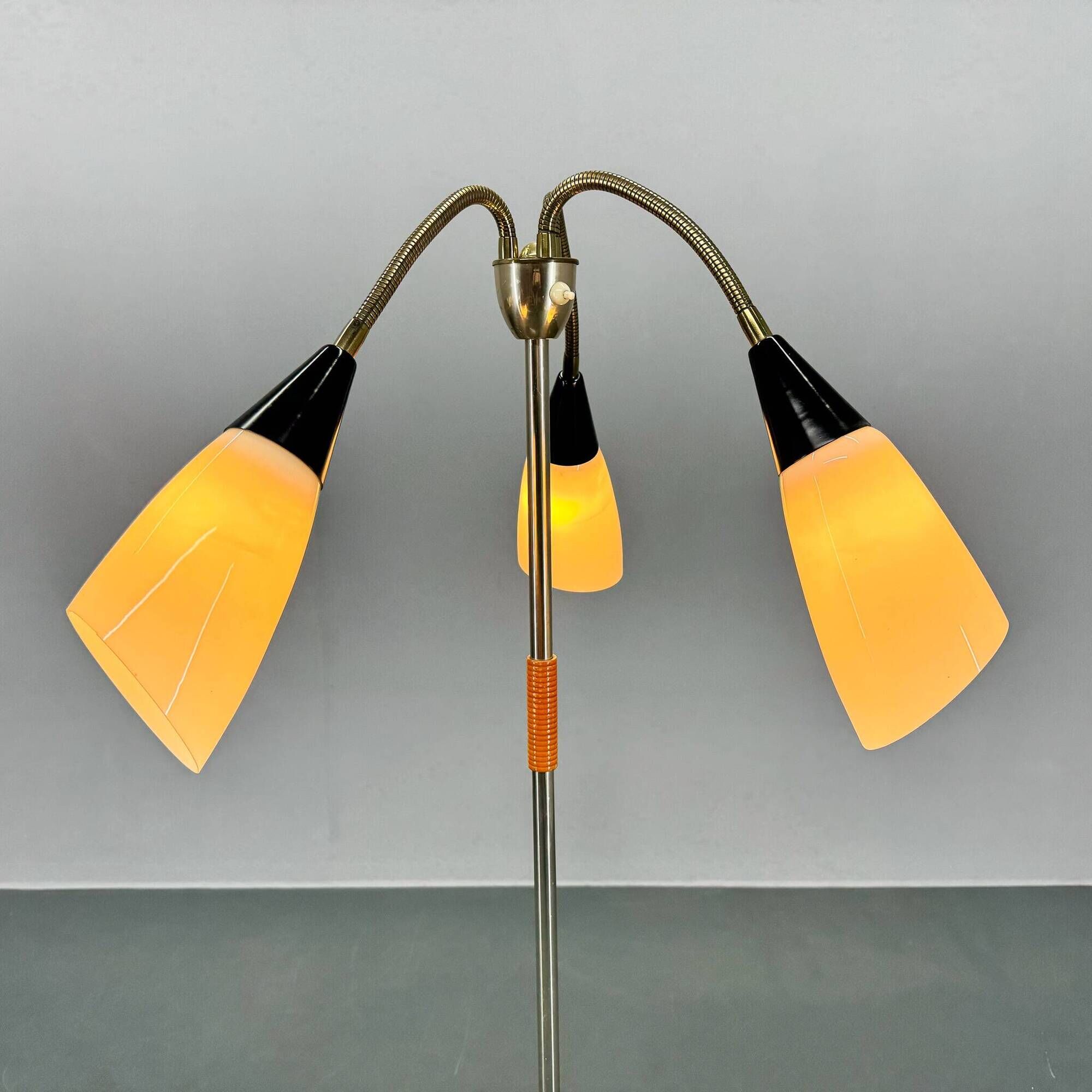1950s Brass & Glass Adjustable Floor Lamp with Wooden Detail