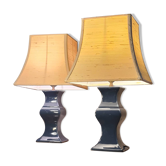 Paire lampes chevet ceramique bleu marine abat jour style lin legere traces